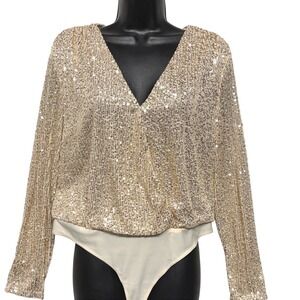 NWT Sequin Bodysuit Top Gold Champagne Long Sleeve Party Cocktail Women's Medium